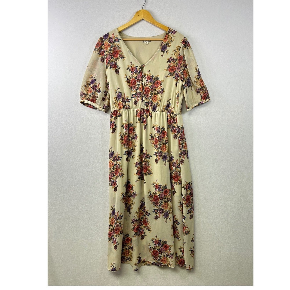 eyeshadows floral print midi dress cream v-neck button front elastic waist XL